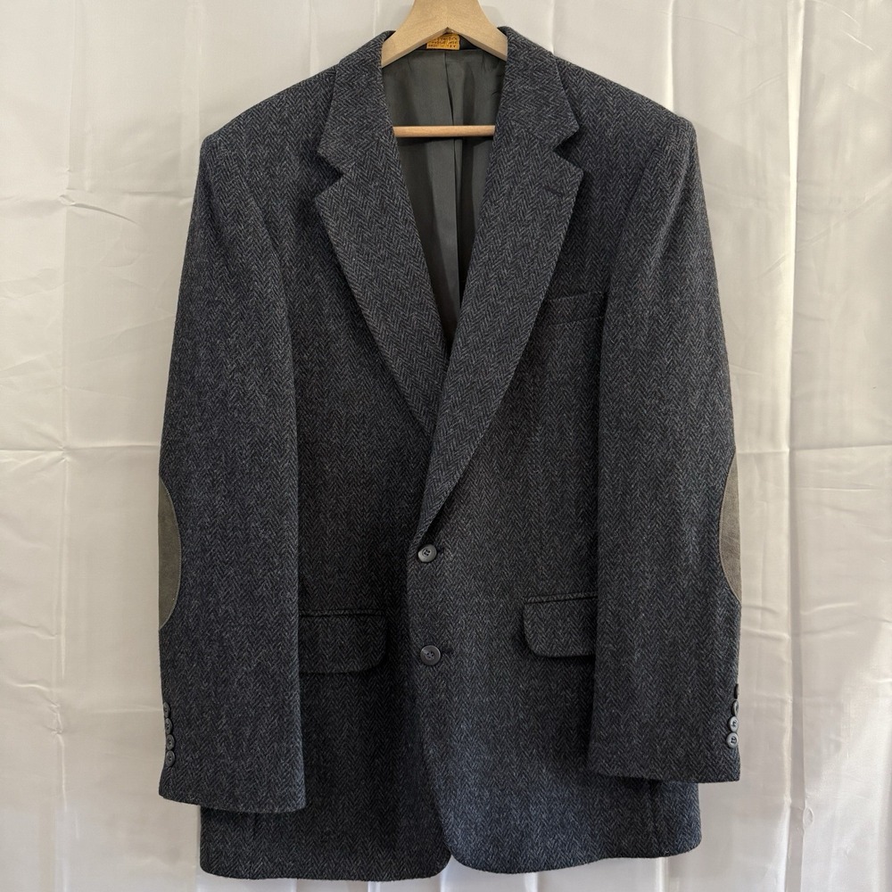 Vintage Mens 100% Wool Herringbone Tweed Sport Coat Jacket Elbow Patch 42L‎ USA